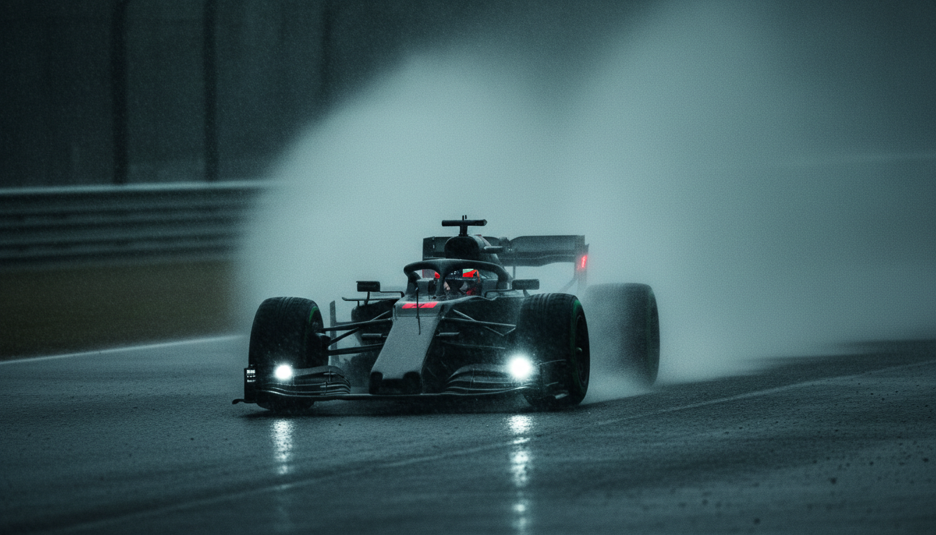 Formula 1 car in heavy rain throwing spray