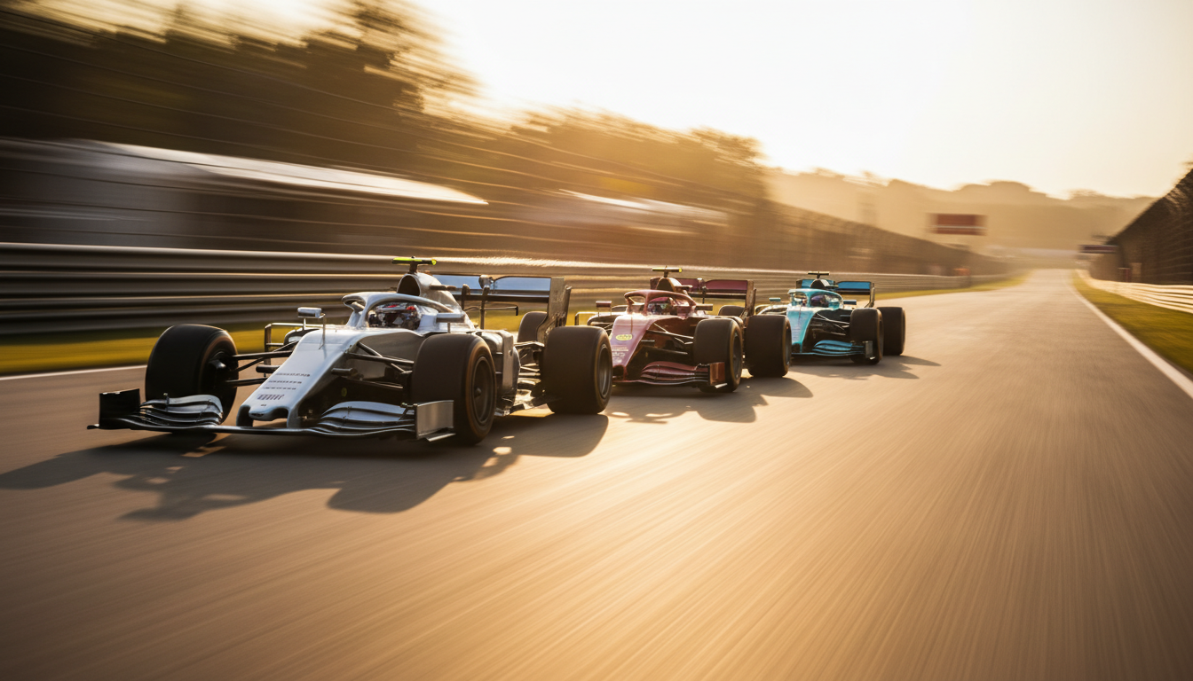 Three Formula 1 cars battling at speed into golden-hour light
