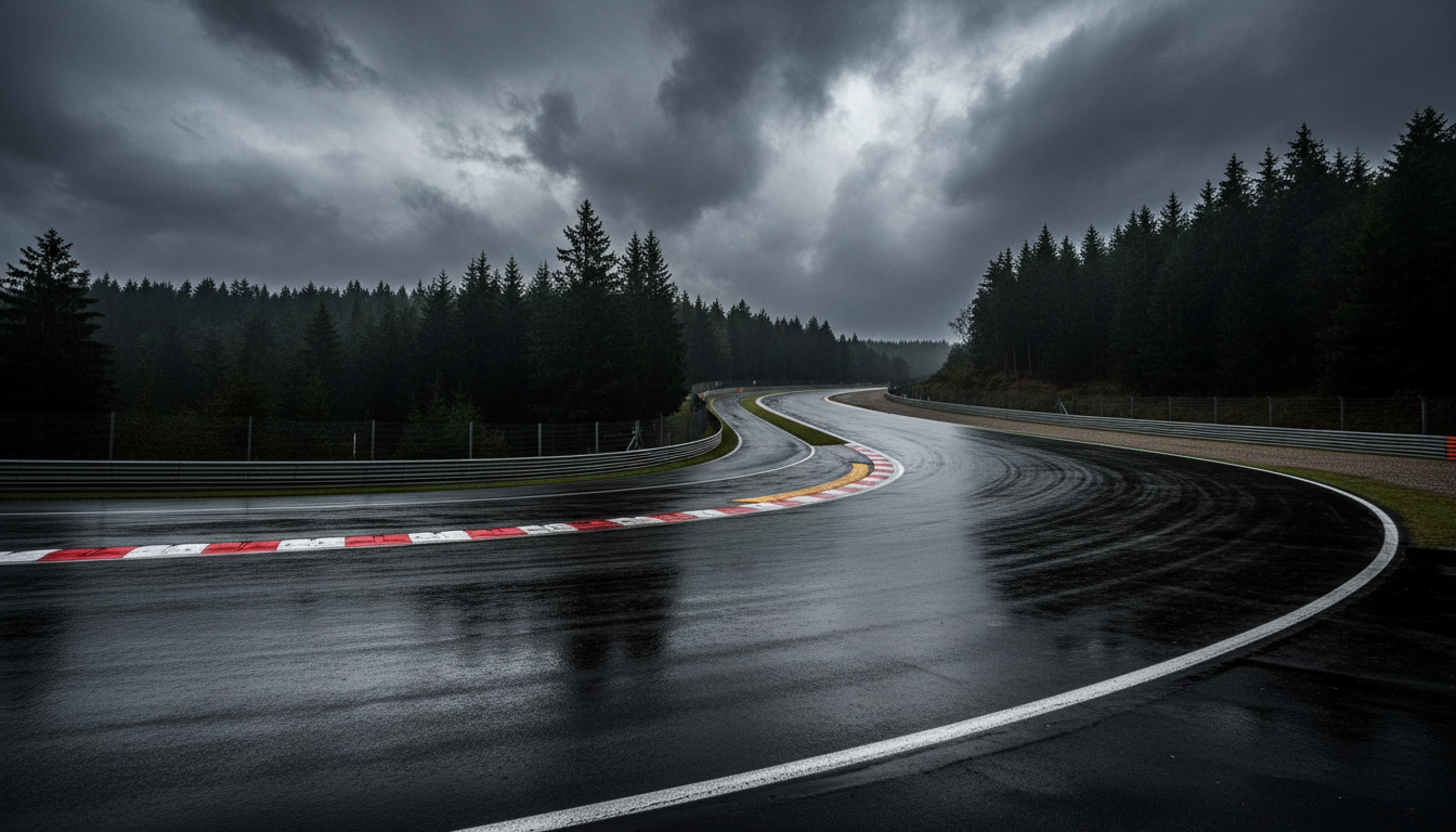 Rain-soaked Spa-Francorchamps style circuit under storm clouds