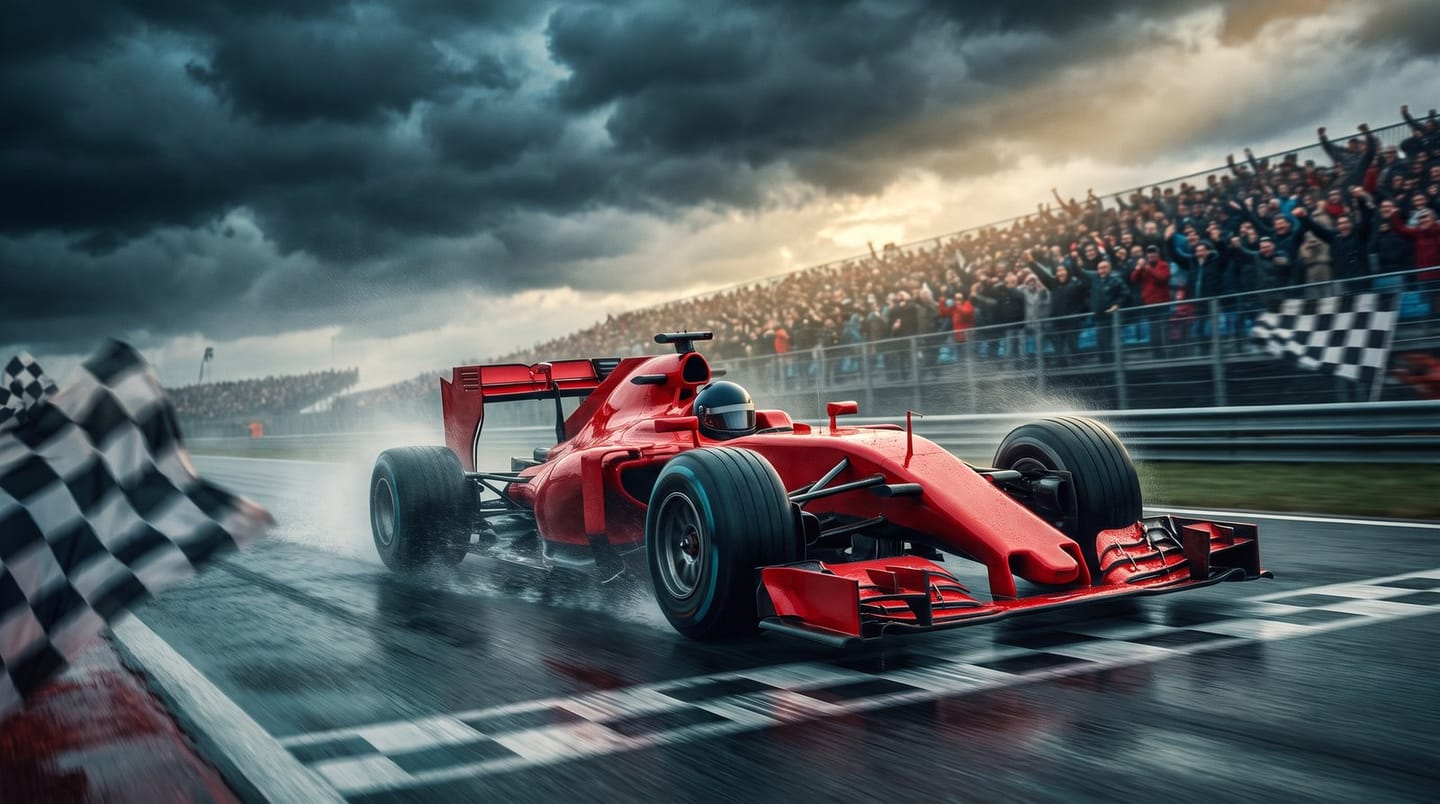 A Formula 1 car crosses the finish line
