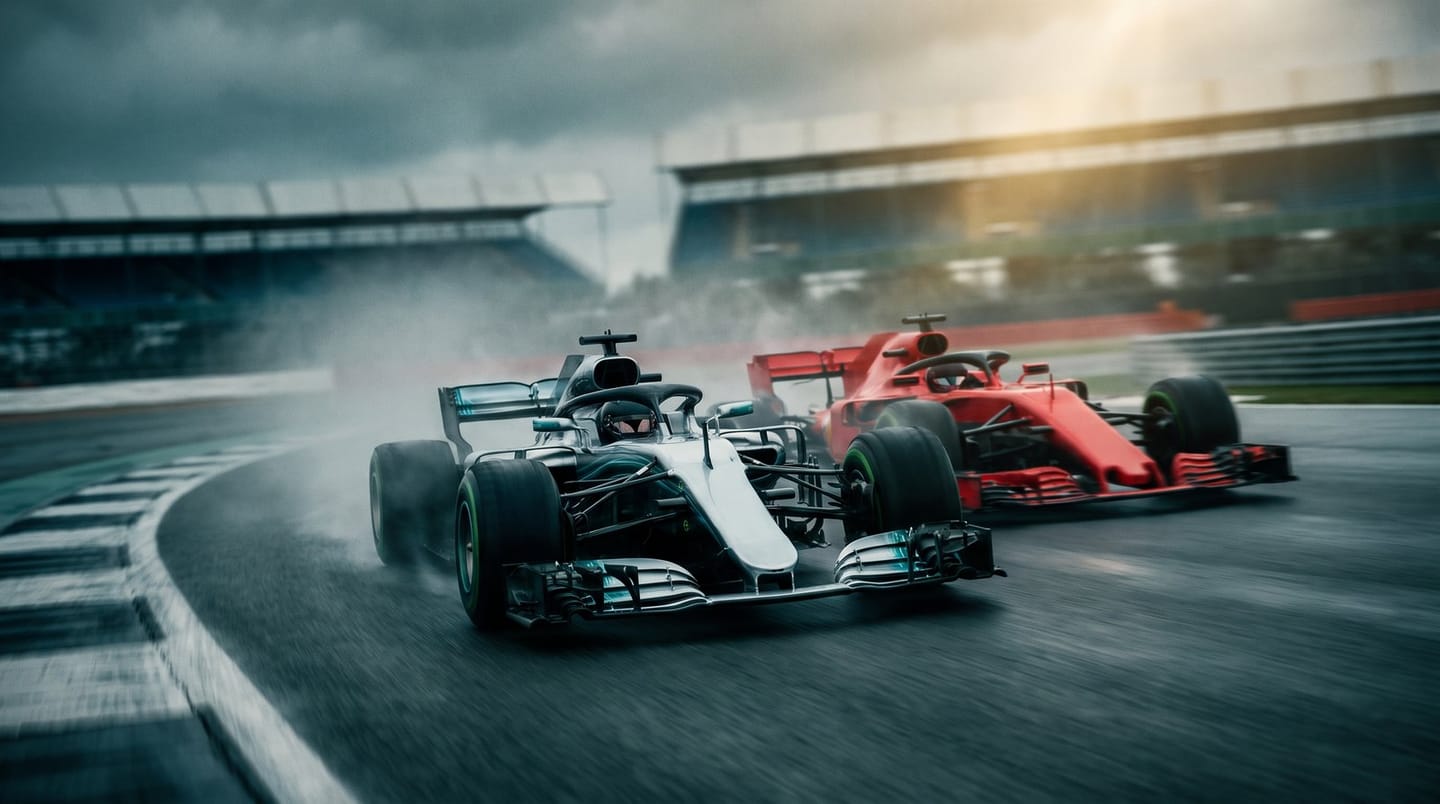 Two Formula 1 cars battle wheel-to-wheel at speed