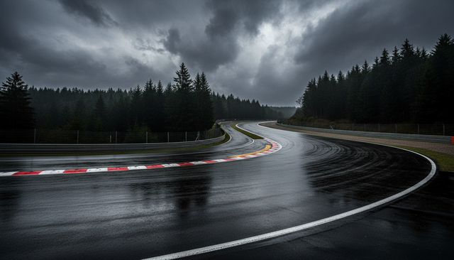 Rain-soaked Spa-Francorchamps style circuit under storm clouds