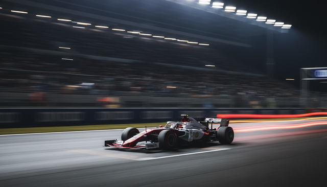 Formula 1 car at speed under floodlights with light trails