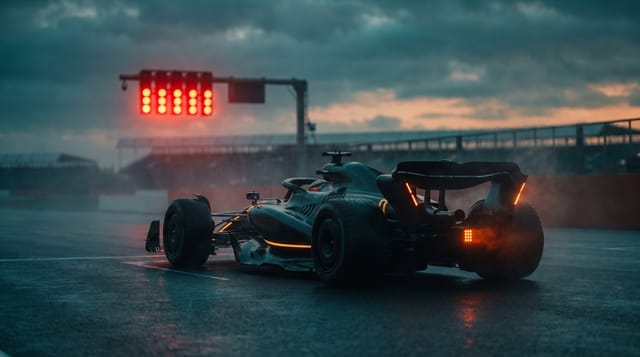A Formula 1 car waits on the grid under the start lights