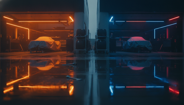 Two covered Formula 1 cars in facing garages, papaya orange versus navy-red light